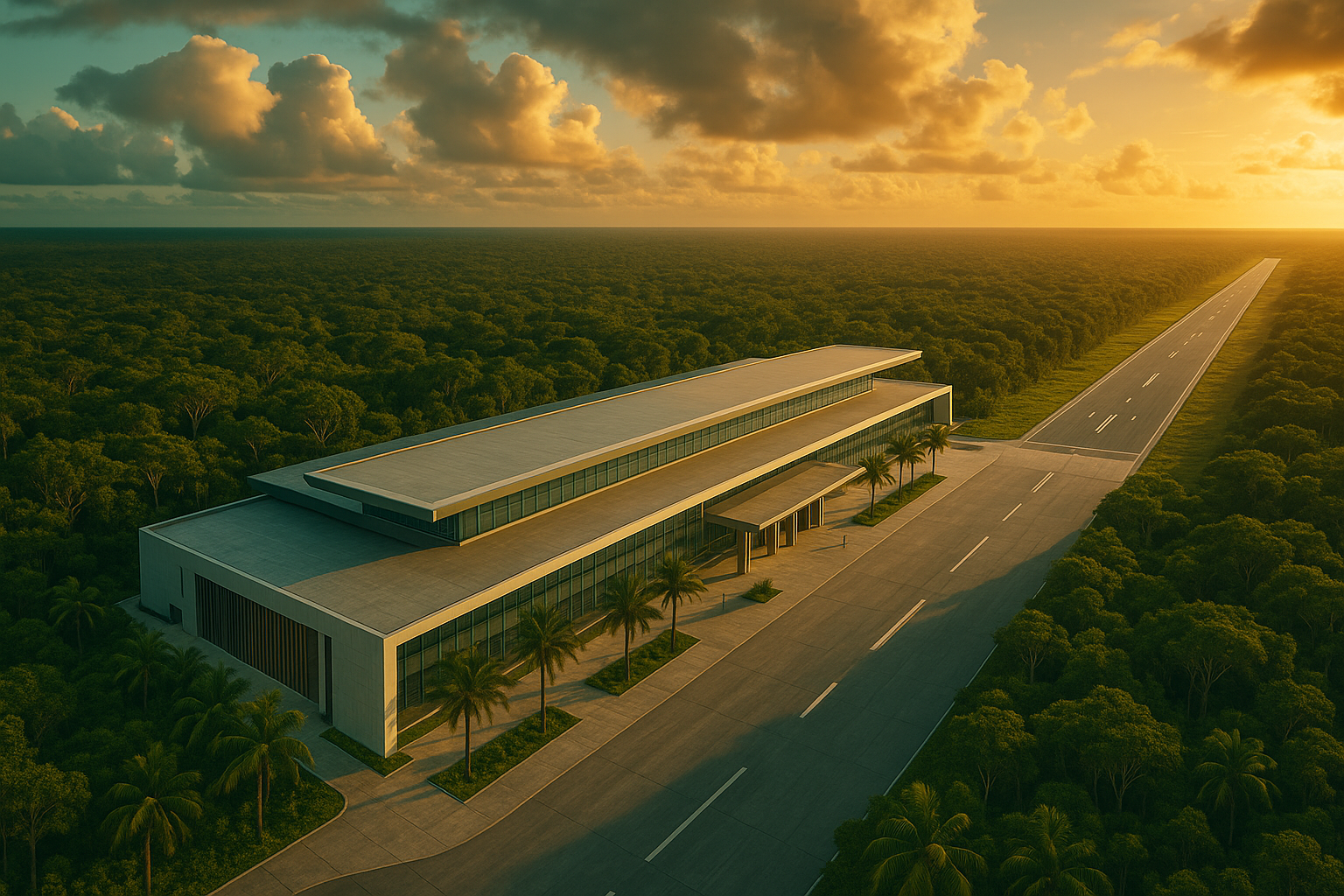 Tulum International Airport TQO aerial view — modern terminal in jungle setting